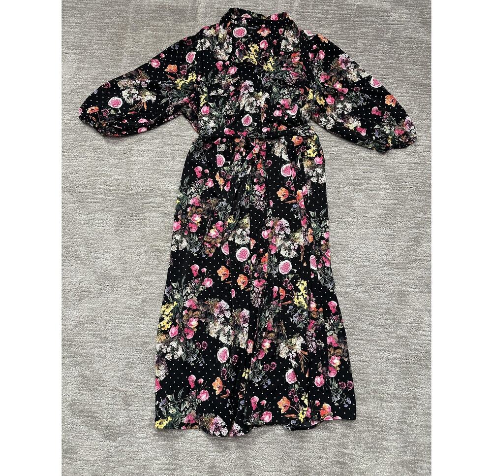 Torrid Dress Womens 2 Black Floral Fit & Flare Shirt Midi Belted Pockets
